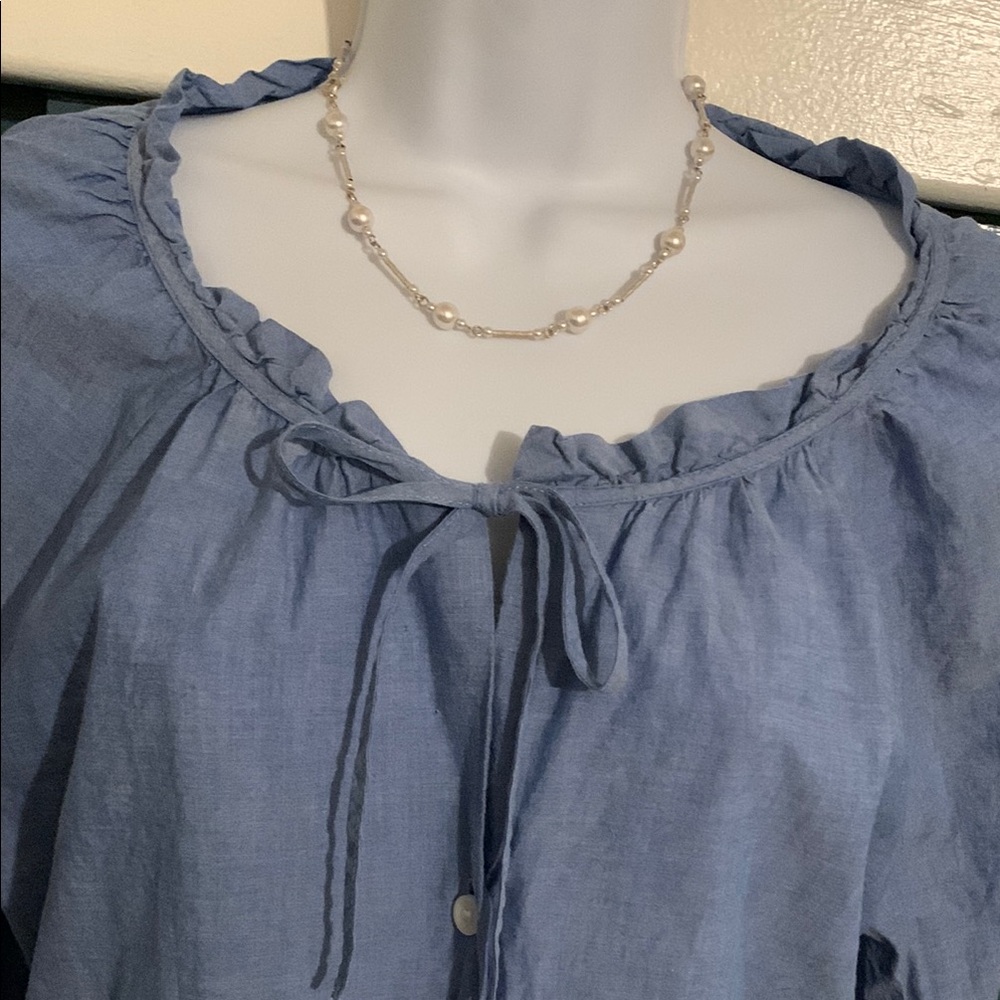 LOFT Blue Gray Ruffled Puff Sleeve Top